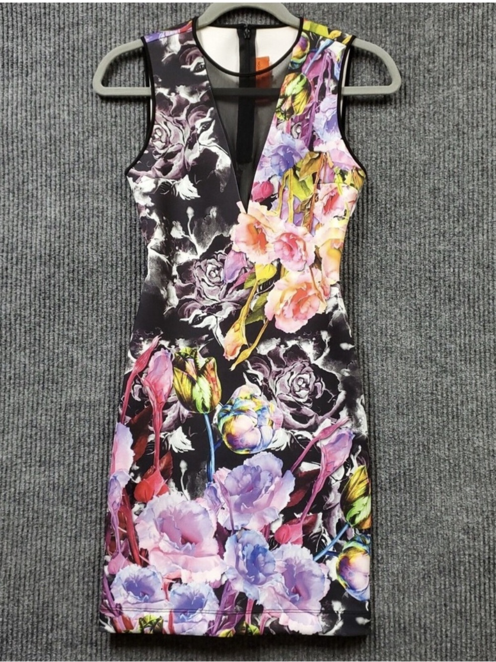 Clover Canyon Plunging V-Neck Bodycon Dress Multicolor Floral Print XS